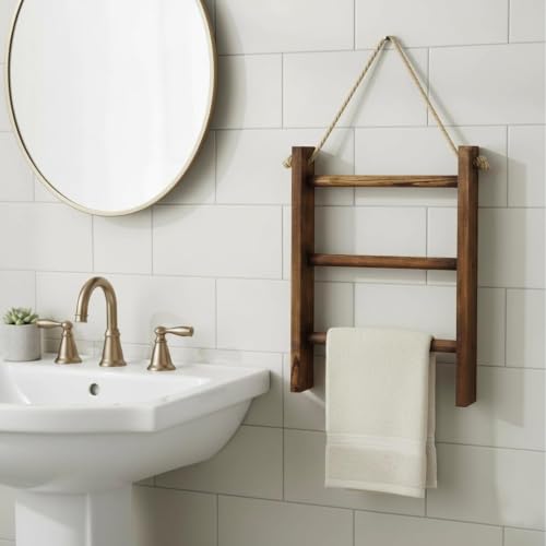 MyGift Dark Brown Wood Wall Mounted 3 Tier Hand Towel Ladder Rack - Image 3