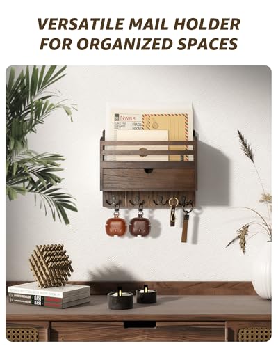 Mail Organizer Wall Mount with Hooks for Entryway, Retro Brown - Image 4