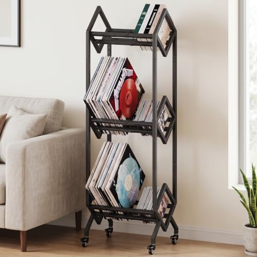 3 Tier Vinyl Record Storage Rack with Casters, Black Metal - Image 2