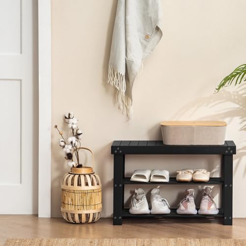 Apicizon Bamboo Shoe Rack Bench, 3-Tier Entryway Organizer, Black - Image 3