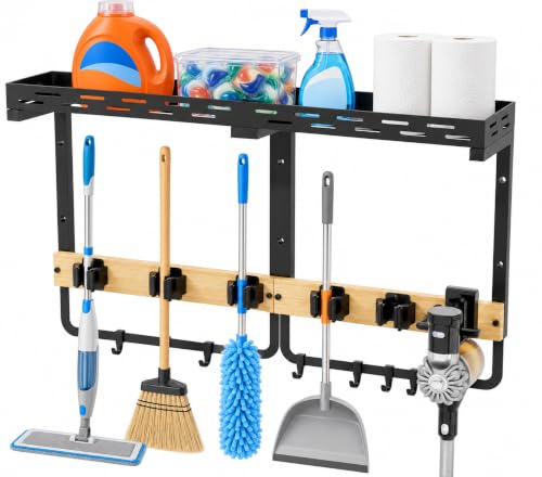 Broom and Mop Holder Wall Mount With Shelf and Vacuum Holder - Image 2