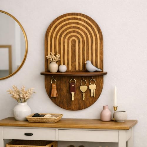 Minimalist Entryway Organizer Shelf with Key Hooks, Wooden - Image 7