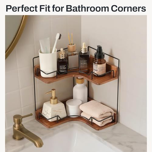 2-Tier Bathroom Counter Organizer, Wooden Corner Shelf for Vanity - Image 5