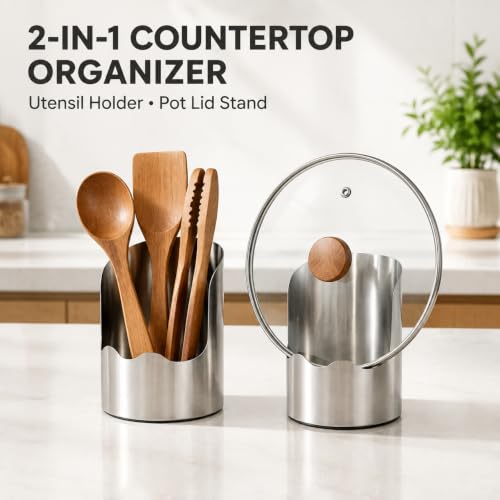 Stainless Steel Utensil Holder, 2-in-1 Pot Lid Stand and Spoon - Image 3
