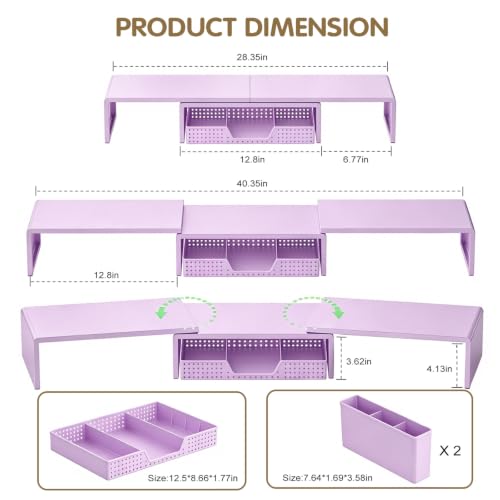 Dual Monitor Stand Riser with Drawer and 2 Pen Holders, Purple - Image 4
