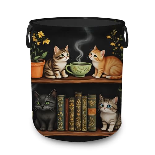Laundry Basket,Cat Bookshelf Foldable Clothes Hamper with Handles - Image 2