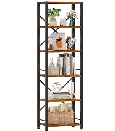 Furologee 6 Tier Bookshelf, Tall Narrow Bookcase, Rustic Brown - Image 2