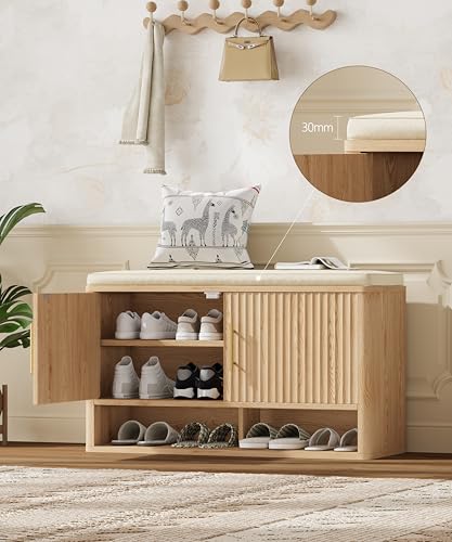 Fluted Shoe Storage Bench, Entryway Bench with Adjustable Shelves - Image 7