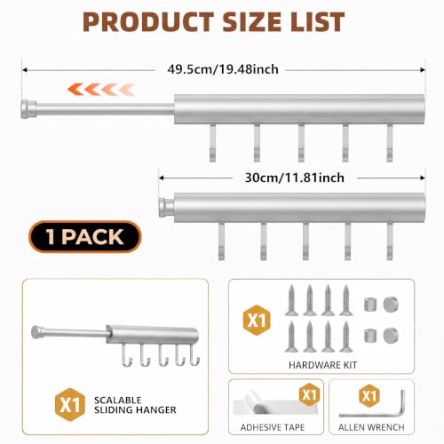 Valet Rod for Closet, 12" Pull Out Retractable with 5 - Image 8