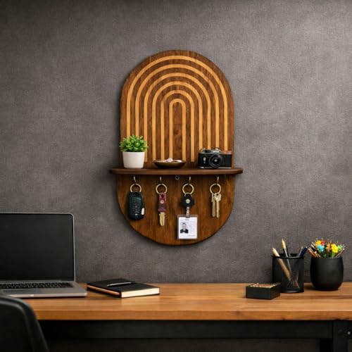 Minimalist Entryway Organizer Shelf with Key Hooks, Wooden - Image 5