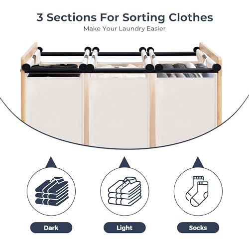 3-Section Laundry Sorter with Bamboo Frame, Rolling - Image 5