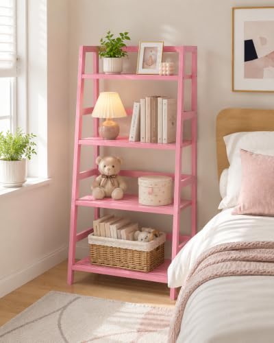 Pink Ladder Shelf, 4-Tier Bamboo Bookshelf & Bookcase Organizer - Image 6