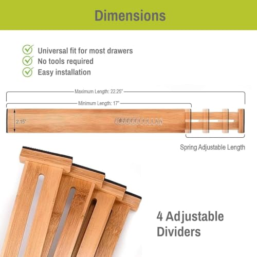 Purawood Bamboo Drawer Dividers, Adjustable Spring-Loaded - Image 4