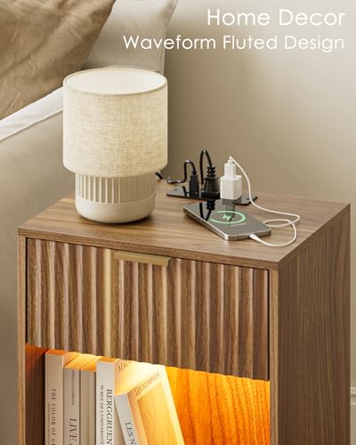 Masupu Fluted Nightstand with Charging Station and LED - Image 5