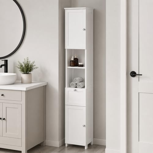 Basicwise White Tall Narrow Linen Tower Cabinet Freestanding - Image 3