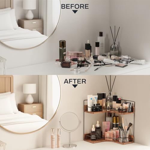 2-Tier Bathroom Counter Organizer, Wooden Corner Shelf for Vanity - Image 6