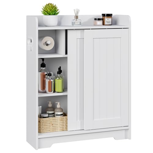 Bathroom Floor Cabinets,Storage Cabinet with Sliding Door,White - Image 2