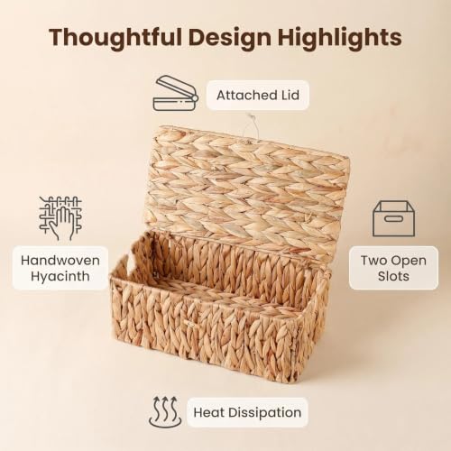 Cable Management Box with Lids, Handwoven Rattan Cord Organizer - Image 2