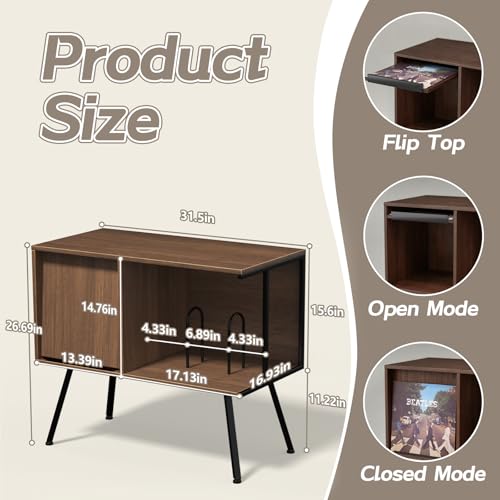 Record Player Stand with Flip-Down Record Shelf, Walnut - Image 4