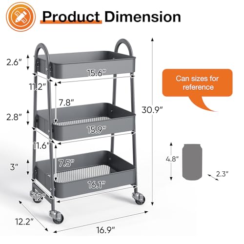 NEWBULIG 3-Tier Metal Rolling Cart with Lockable Wheels, Heavy - Image 5