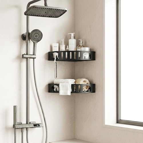 Adhesive Corner Shower Caddy with Hooks,No Drill Aluminum Shower - Image 5