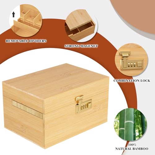 Medium Natural Bamboo Storage Box with Combination Lock and Tray - Image 6