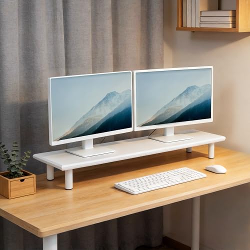 Bamboo Dual Monitor Stand Riser, White Desk Shelf with Storage - Image 7