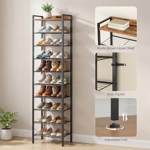 HOOBRO 10 Tier Shoe Rack Organizer with Wooden Top, Narrow Shoe - Image 8