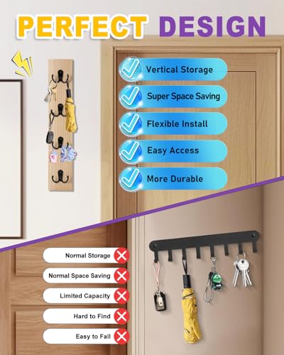 UCEC Vertical Wooden Key Rack with Hooks, Space-Saving Entry Wall - Image 3