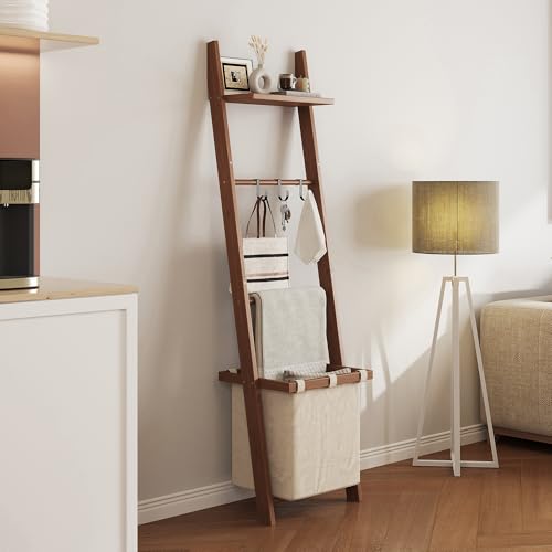 63" Bamboo Blanket Ladder with Shelf, Fabric Storage - Image 2