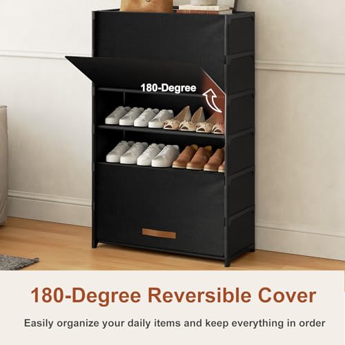 7 Tier Shoe Cabinet with Door, 28-Pair Storage, Black - Image 7