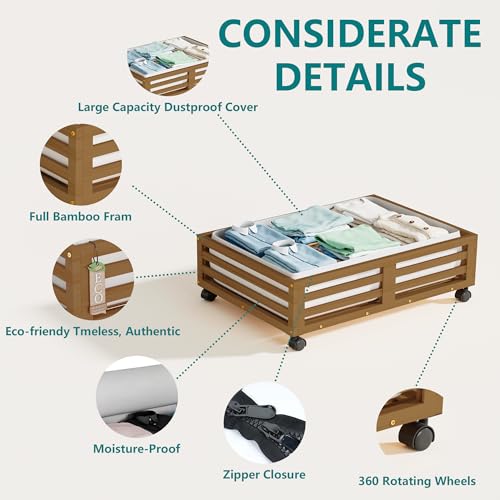 Bamboo Under Bed Storage with Wheels Rolling Underbed - Image 4