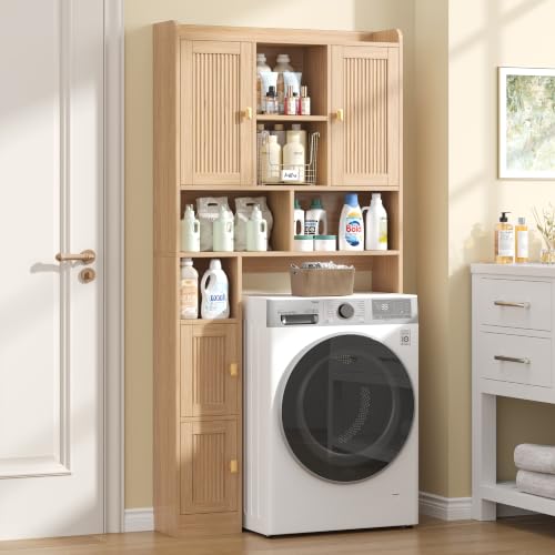 Fluted Over The Toilet Storage Cabinet with 4 Doors, Natural Oak - Image 4