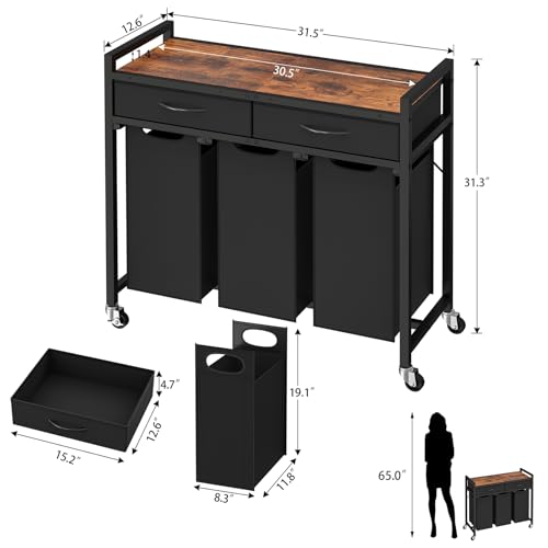 Laundry Sorter 3 Section, 120 L Laundry Hamper with 2 Drawers & - Image 3