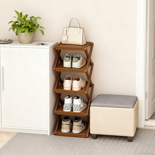 YYW Flat Bamboo Shoe Rack for Entryway, Save Space Folding Narrow - Image 3