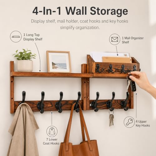 24 Inch Coat Rack Wall Mount with Shelf, 4 in 1 Entryway - Image 7
