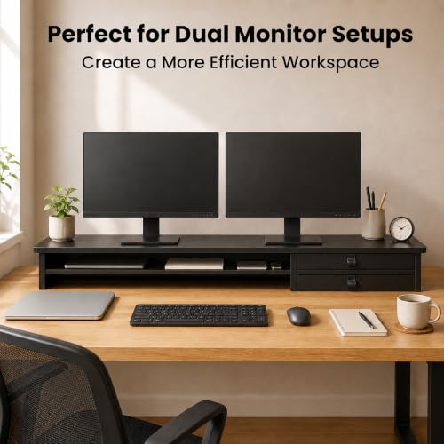 Dual Monitor Stand, 42.5 Inch Wood Monitor Riser with Drawers - Image 6