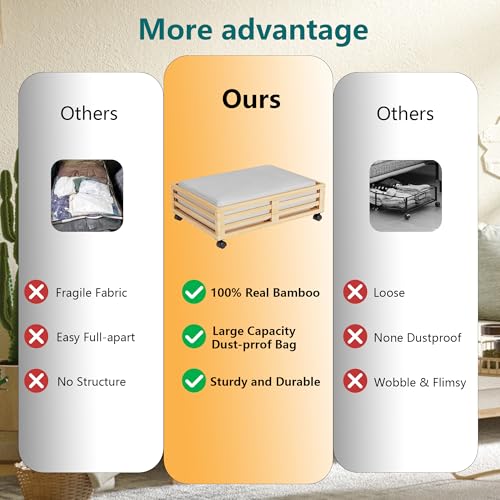 2 Packs Bamboo Under Bed Storage Organizer with Wheels - Image 5