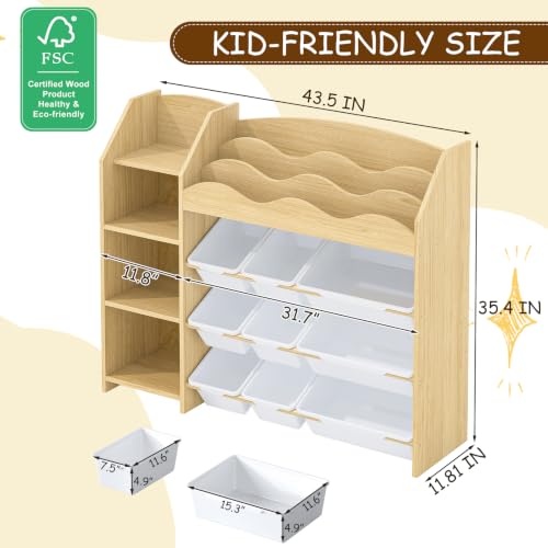 Toy Storage Organizer, Scalloped Bookshelf, 4 Toy Shelves, 9 Bins - Image 3