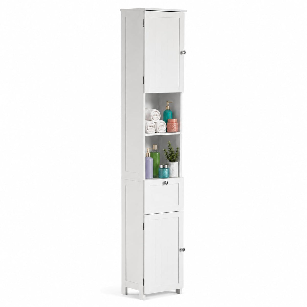 Basicwise White Tall Narrow Linen Tower Cabinet Freestanding - Image 1