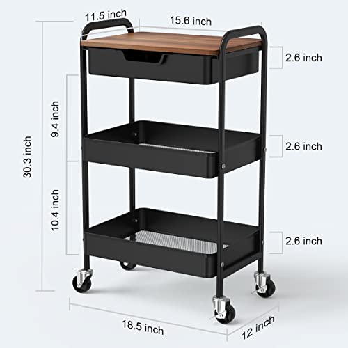 3 Tier Rolling Cart with Drawer, Metal Utility Cart with Table - Image 4