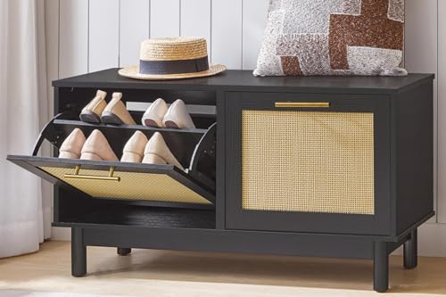 HOOBRO Rattan Shoe Storage Bench with Double Flip Drawers - Image 2