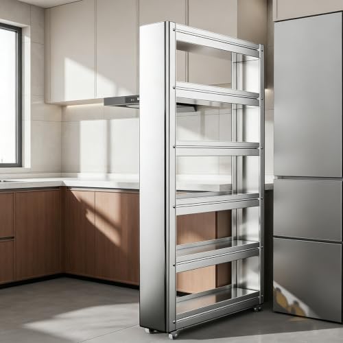 Slim Storage Cart, Stainless Steel Pull Out Organizer with Wheels - Image 2