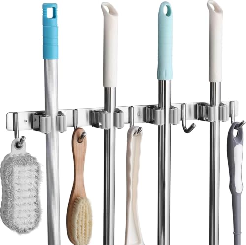 Broom Holder Wall Mount, 5 Racks 4 Hooks Heavy Duty Mop Organizer - Image 2