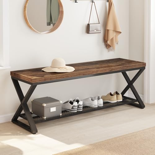 LVB Rustic Brown Entryway Bench, 47” Industrial Shoe Bench - Image 4