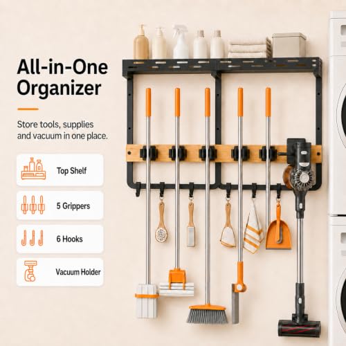 Large Broom Holder and Mop Organizer Wall Mount with Shelf - Image 4