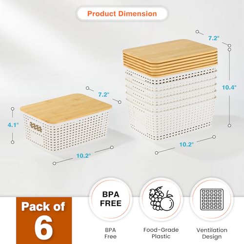 Ohmlove 6 Pack Plastic Storage Baskets with Bamboo Lids - Image 3