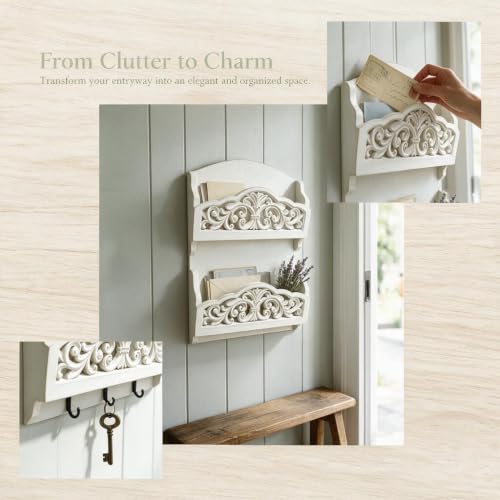Rustic Key and Mail Holder, 2 Slot Wall Organizer with 3 - Image 7