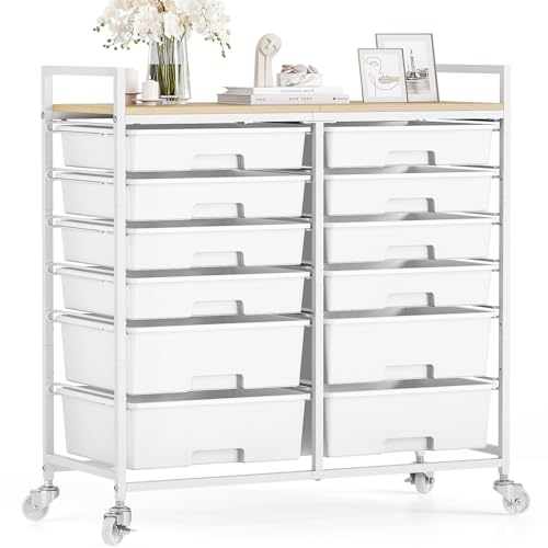 TOOLF 12 Drawers Rolling Storage Cart with Wooden Top - Image 2