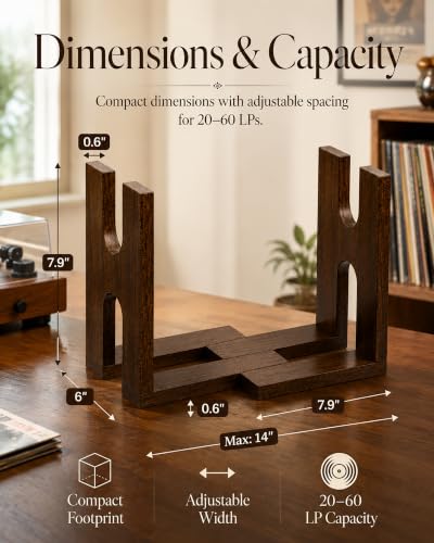 Vinyl Record Holder, Adjustable Solid Wood Stand - Image 3